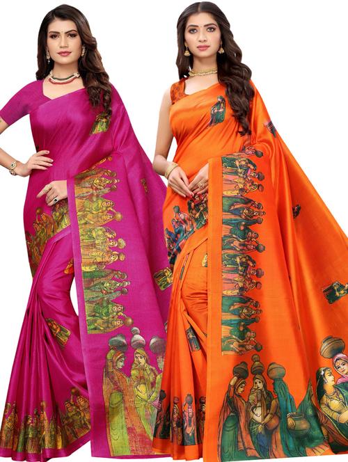 pack of 2 printed sarees with blouse - 20415474 - Very Small Image - 1