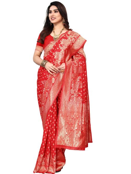 red self design banarasi saree with blouse - 20415482 - Very Small Image - 1