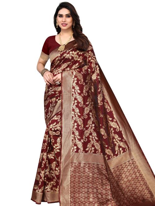 maroon jacquard kanjivaram saree with blouse - 20415488 - Very Small Image - 1