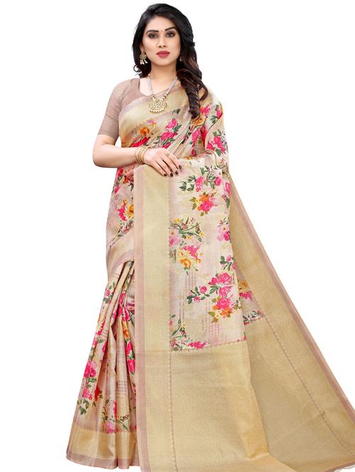 women beige floral print bordered saree with blouse - 20415490 - Very Small Image - 1