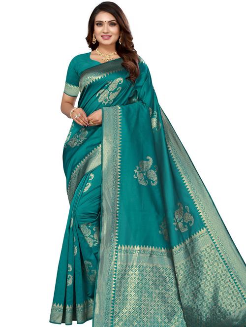 teal self design banarasi saree with blouse - 20415530 - Very Small Image - 1