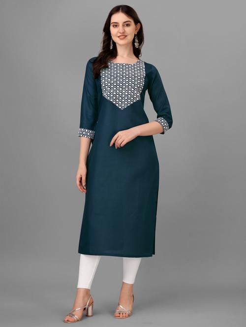 women teal round neck straight kurta - 20417438 - Very Small Image - 1