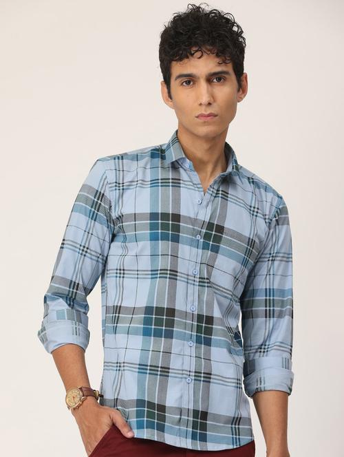 men purist blue checkered cotton slim fit casual shirt - 20418176 - Very Small Image - 1
