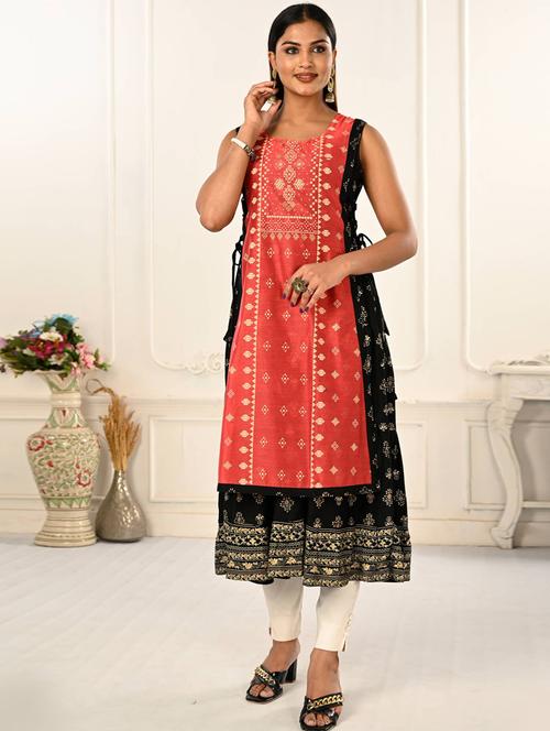 orange printed sleeveless layered kurta - 20418891 - Very Small Image - 1