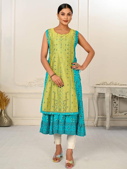 lime & turquoise printed sleeveless layered kurta - 20418907 - Very Small Image - 1