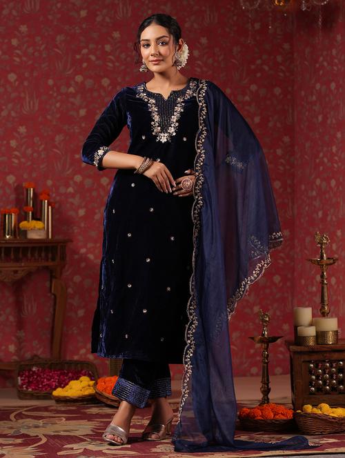 navy blue three quarter sleeve kurta pant set - 20419075 - Very Small Image - 1