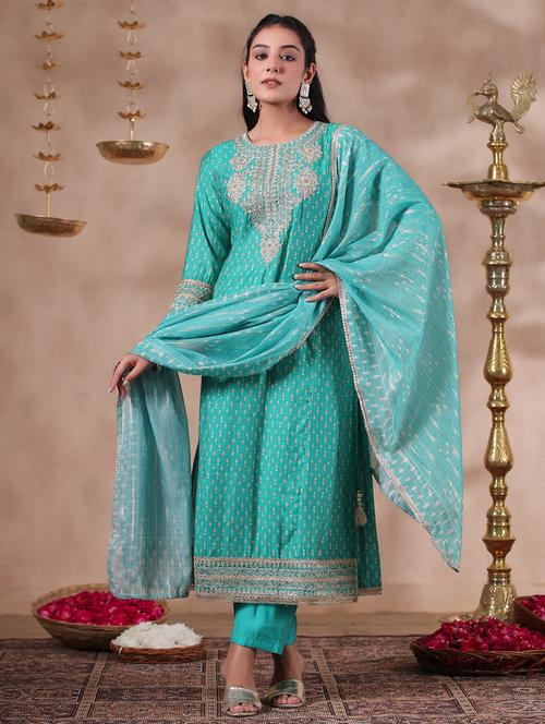 zari embroidered foil printed suit set - 20419079 - Very Small Image - 1