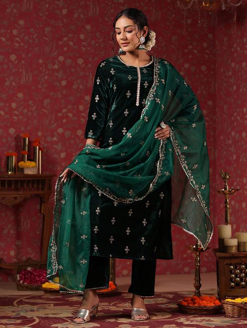 women green round neck kurta pant set with dupatta - 20419100 - Very Small Image - 1