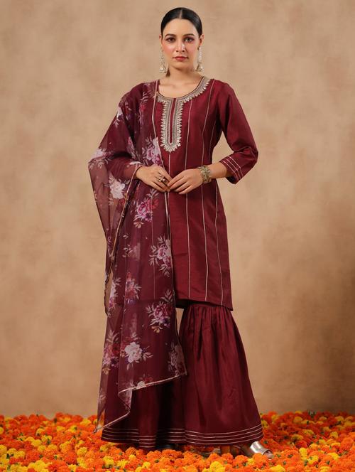 women brown round neck kurta sharara set with dupatta - 20419102 - Very Small Image - 1