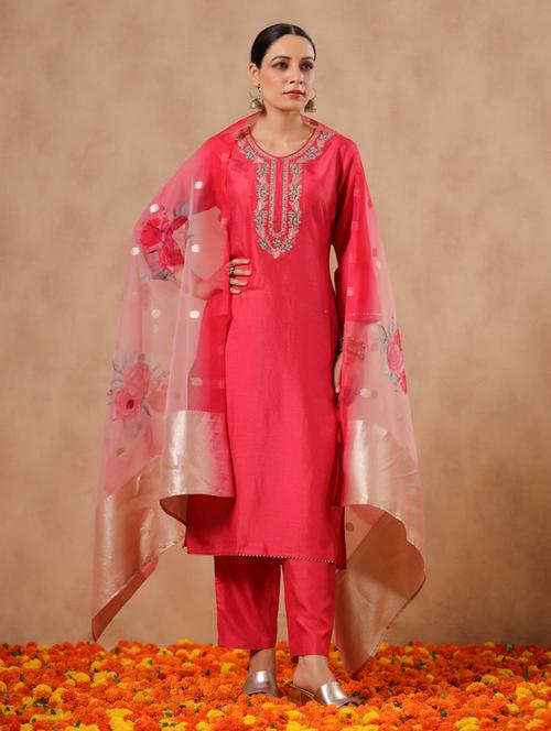 women coral round neck kurta pant set with dupatta - 20419103 - Very Small Image - 1