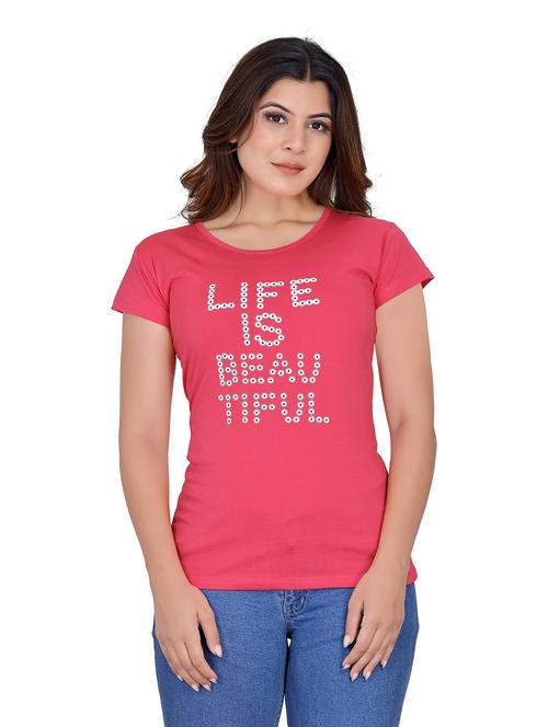 women's chest print round neck t-shirt - 20419648 - Very Small Image - 1
