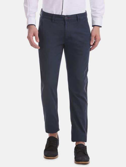 men solid navy blue cotton chinos slim fit casual trouser - 20420107 - Very Small Image - 1