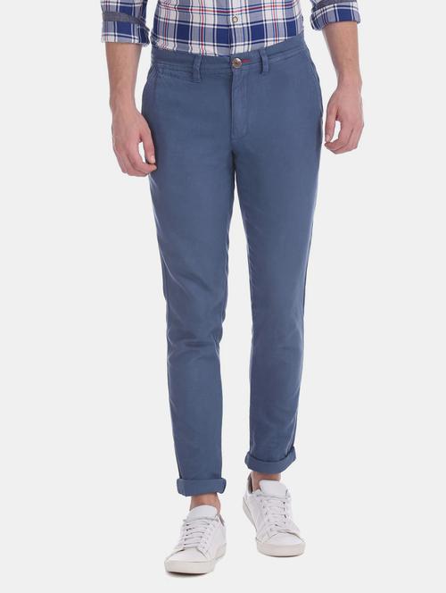 men solid blue cotton chinos slim fit casual trouser - 20420111 - Very Small Image - 1