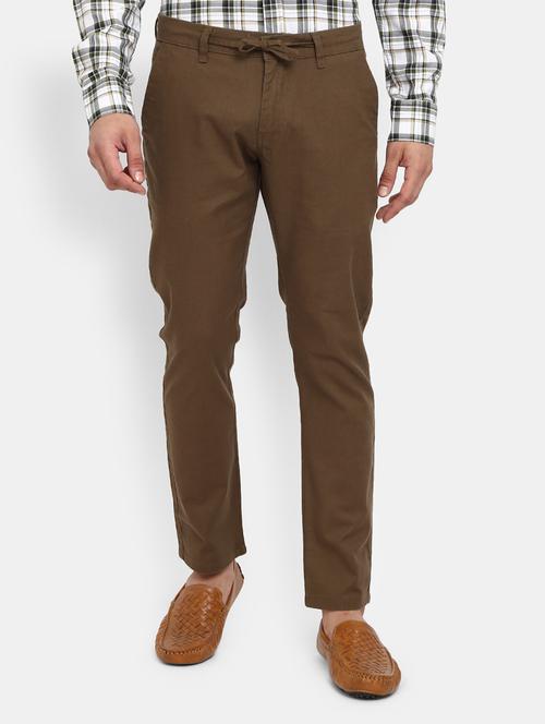 men solid brown cotton chinos slim fit casual trouser - 20420189 - Very Small Image - 1