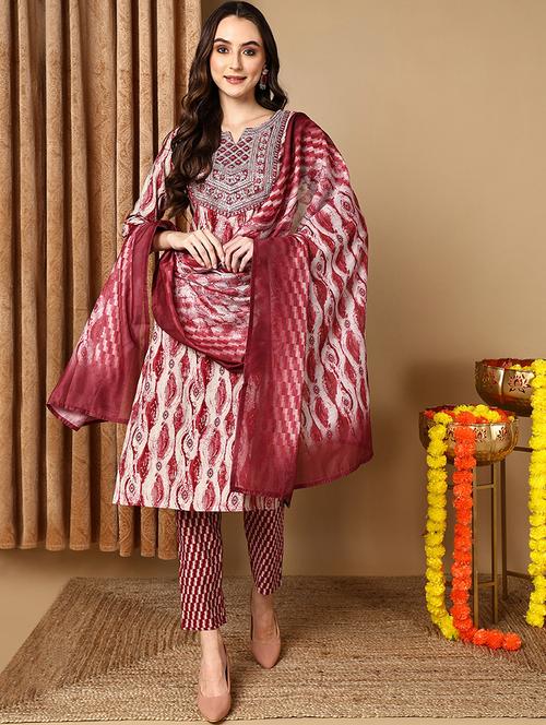 yoke embroidered printed suit set - 20420449 - Very Small Image - 1
