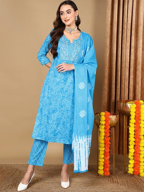 yoke embroidered printed suit set - 20420455 - Very Small Image - 1
