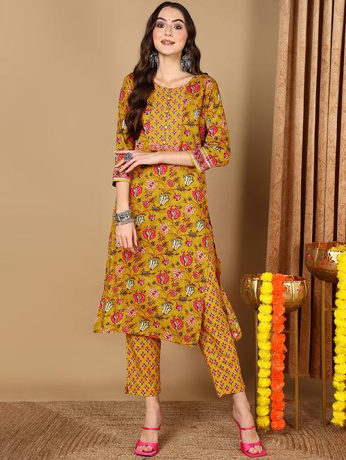 women yellow round neck kurta pant set - 20420469 - Very Small Image - 1