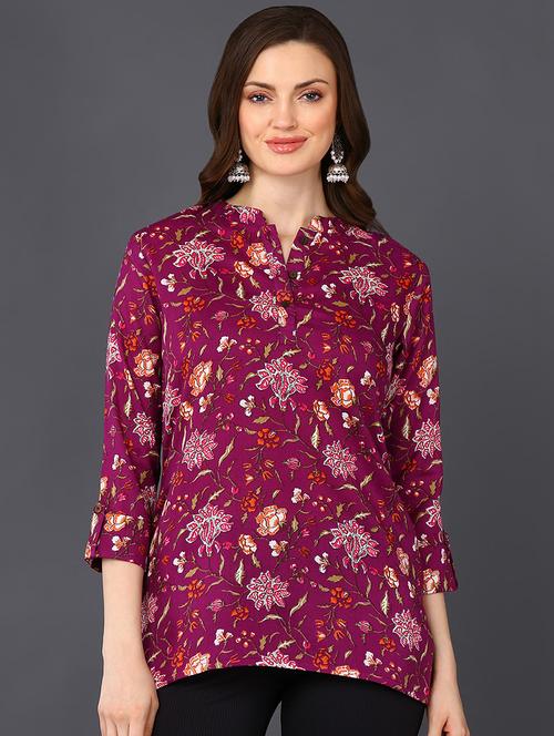 burgundy floral printed regular tunic - 20420498 - Very Small Image - 1