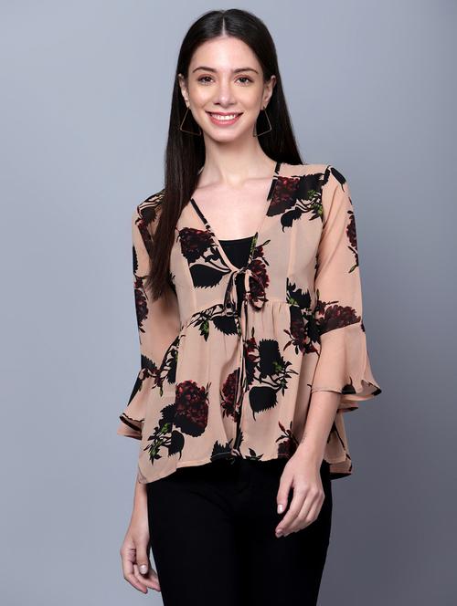 peach floral printed bell sleeve shrug - 20420519 - Very Small Image - 1