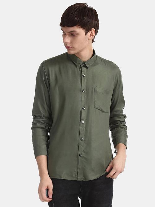 olive solid long sleeves casual shirt - 20420613 - Very Small Image - 1