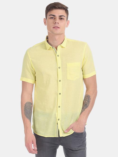 yellow solid short sleeves causal shirt - 20420708 - Very Small Image - 1