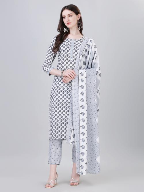 women grey round neck kurta pant set with dupatta - 20420861 - Very Small Image - 1