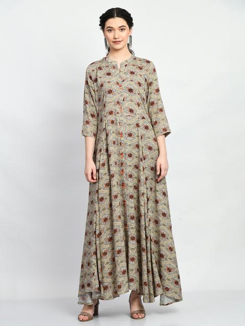 women grey mandarin neck floral printed flared dress - 20422375 - Very Small Image - 1