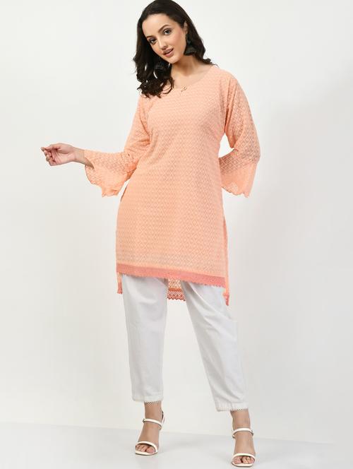 peach embroidered high low kurti - 20422422 - Very Small Image - 1
