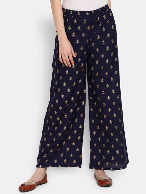 navy blue foil print straight palazzo - 20422518 - Very Small Image - 1