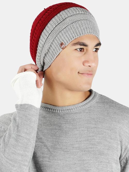 red & grey self design winter cap - 20422957 - Very Small Image - 1