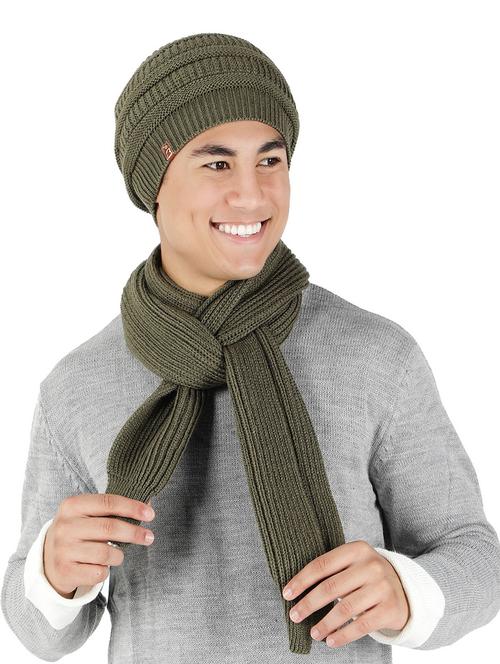 olive self design winter cap with muffler - 20422977 - Very Small Image - 1