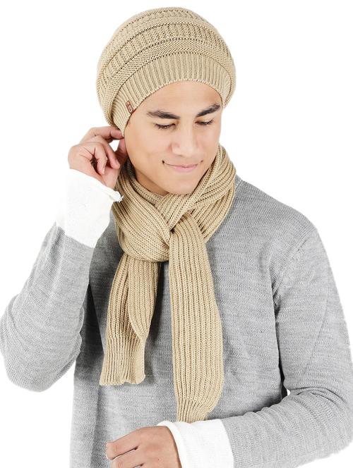 beige self design winter cap with muffler - 20422978 - Very Small Image - 1