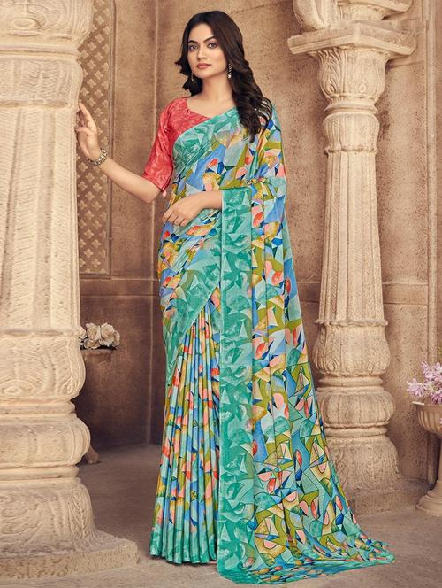 crepe geometric print saree with blouse - 20423115 - Very Small Image - 1