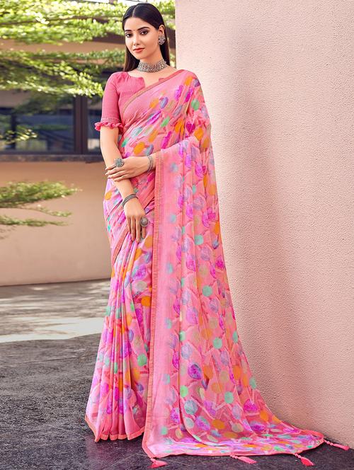 pink printed chiffon saree - 20423142 - Very Small Image - 1