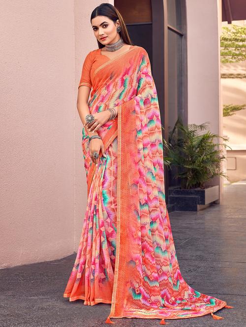 orange printed chiffon saree with blouse - 20423148 - Very Small Image - 1