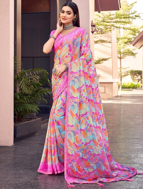 pink printed chiffon saree with blouse - 20423152 - Very Small Image - 1