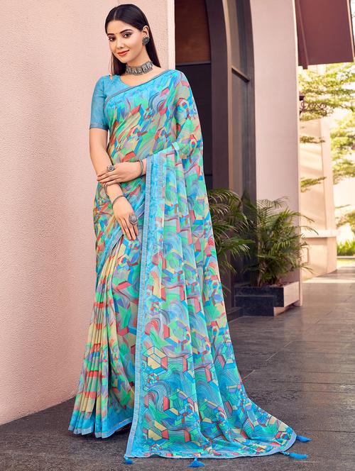 light blue printed chiffon saree - 20423153 - Very Small Image - 1