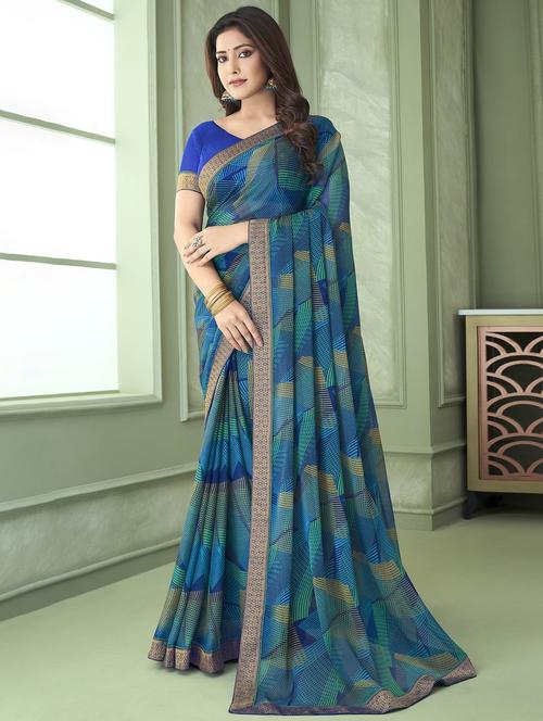 blue printed chiffon saree with blouse - 20423160 - Very Small Image - 1