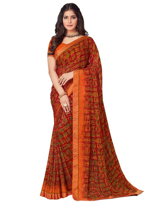women orange printed chiffon lace work saree with blouse - 20423167 - Very Small Image - 1