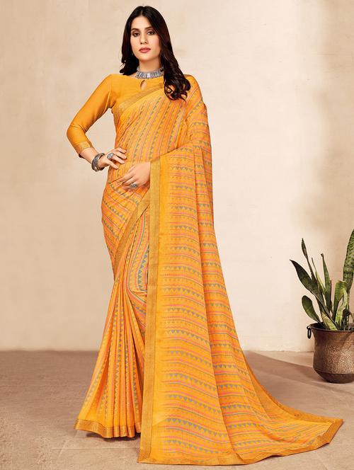 mustard printed saree with blouse - 20423233 - Very Small Image - 1
