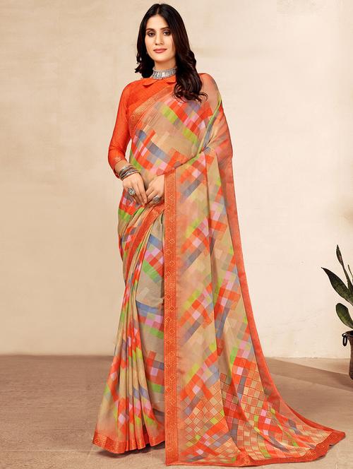 orange printed saree with blouse - 20423237 - Very Small Image - 1