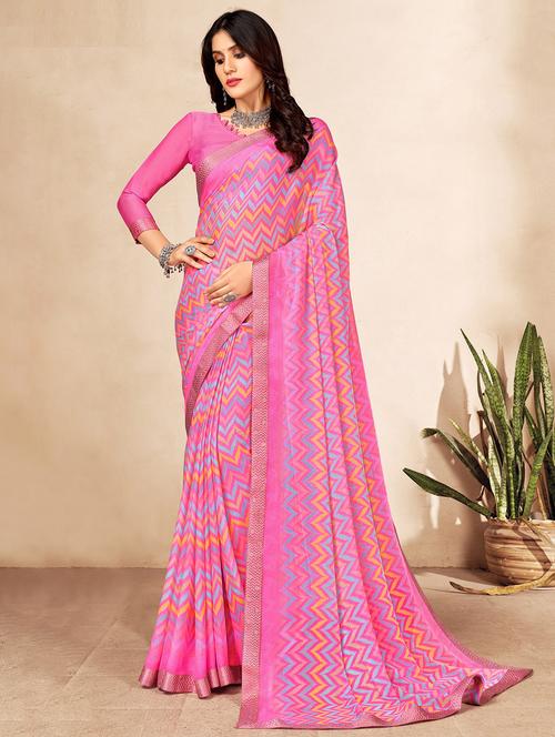 pink chevron printed saree with blouse - 20423240 - Very Small Image - 1
