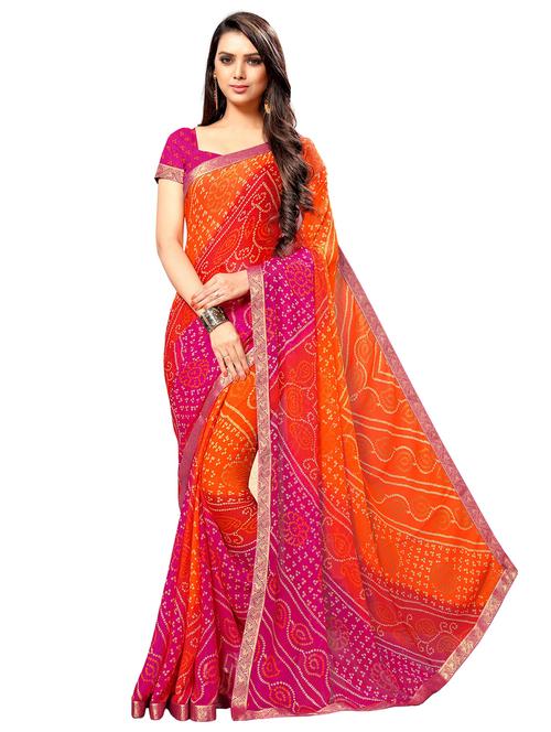 orange bandhani printed saree with blouse - 20423256 - Very Small Image - 1