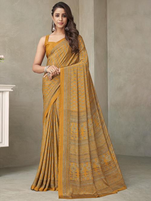 mustard printed saree with blouse - 20423486 - Very Small Image - 1