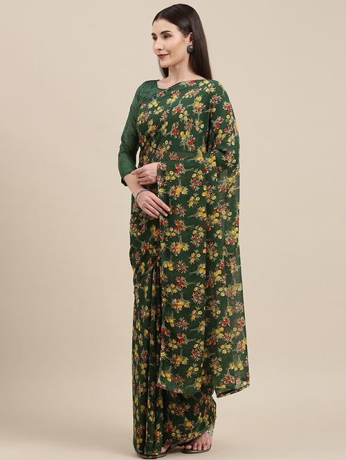 women's floral bottle green colored saree with blouse - 20424660 - Very Small Image - 1