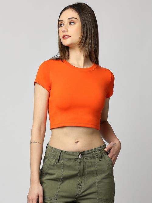 orange solid short sleeves crop top - 20424810 - Very Small Image - 1