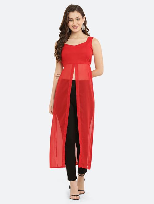 red solid sleeveless front slit kurta - 20424944 - Very Small Image - 1
