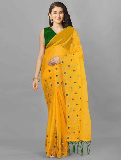 yellow solid with work saree with blouse - 20426764 - Very Small Image - 1