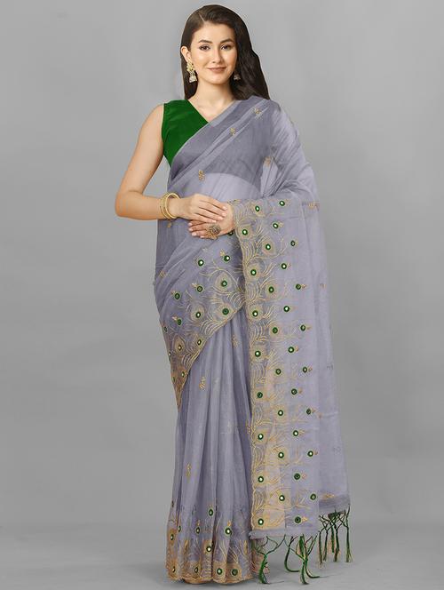tassel detailed embroidered saree with blouse - 20426767 - Very Small Image - 1