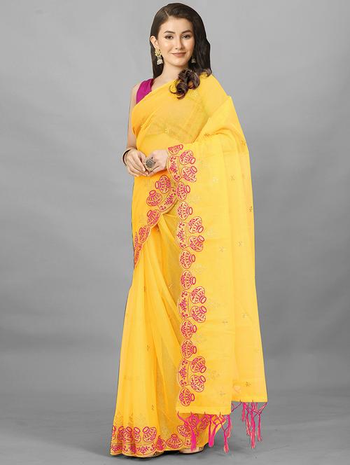 yellow solid with work saree - 20426769 - Very Small Image - 1
